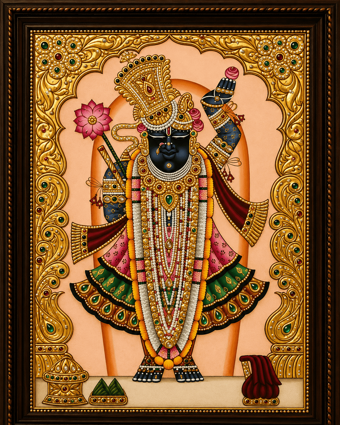 Shrinathji Tanjore Painting with Teal Peacock Skirt and Pearl Garlands — Handmade by Nathdwara Artisans